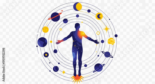 Human figure surrounded by celestial bodies in orbits