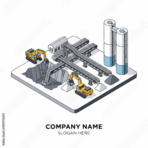 Isometric illustration of an industrial quarry operation with excavators, conveyor belts, and silos, representing heavy machinery and raw material extraction.