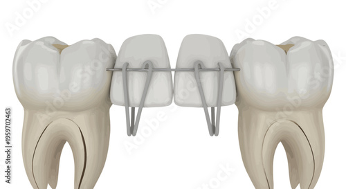 Dental illustration shows teeth with metal orthodontic bracket and white crowns