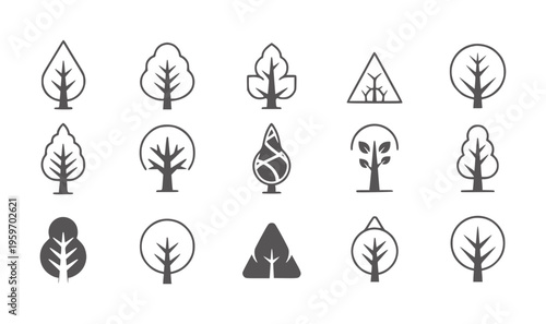 Collection of fifteen stylized tree in various shapes and outlines nature symbol