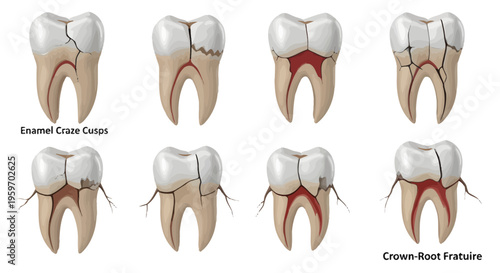 Dental anatomy illustrations show various tooth fracture types and enamel crack examples.
