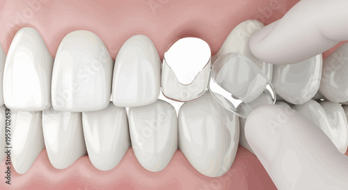 A dentist applies a dental aligner to a patient's teeth with a gloved hand in a medical setting.