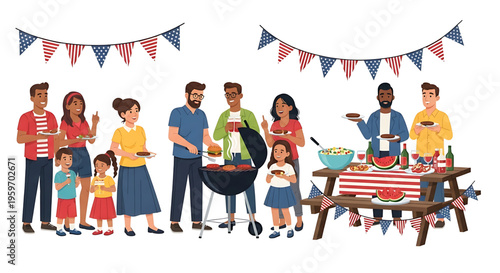 A diverse group of people enjoying a festive barbecue with American flags and bunting.