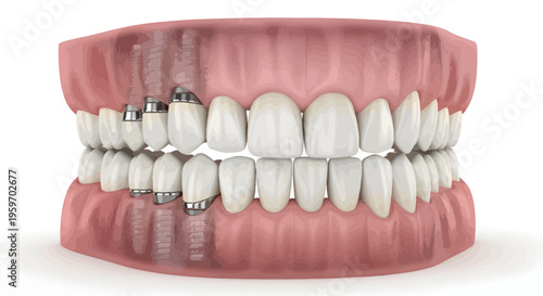 Teeth alignment process with orthodontic appliances on upper jaw model