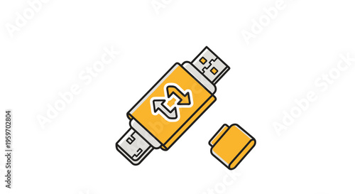 A yellow USB flash drive with a white and blue recycle symbol lies on a surface next to its cap.