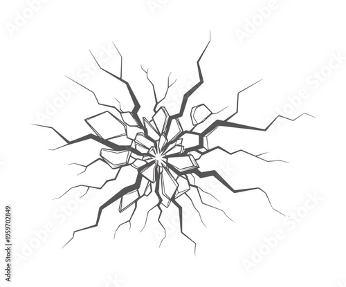 Radial dark grey crack pattern spreading outwards white fracture break shatter explosion