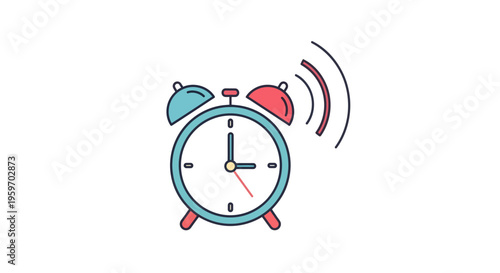 A ringing alarm clock with red and blue accents is shown ringing loudly indoors.