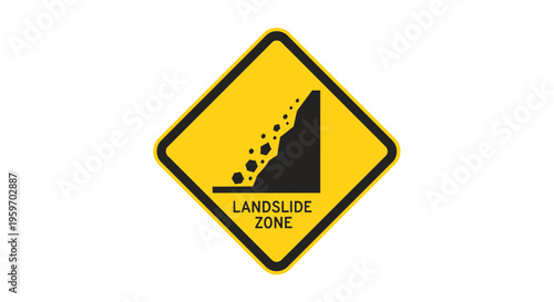 A warning sign indicates a landslide zone with a triangular shape and falling debris on a yellow background.