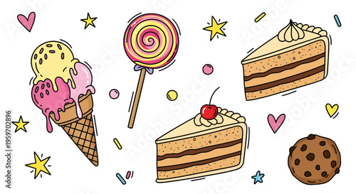 Colorful sweets and treats scattered on a white background including ice cream