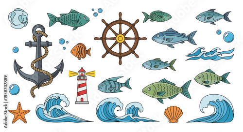 Ocean scene with various sea creatures and nautical elements on display