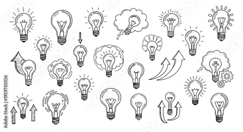 A collection of light bulbs and thought bubbles with arrows drawn in a simple line style on a white background