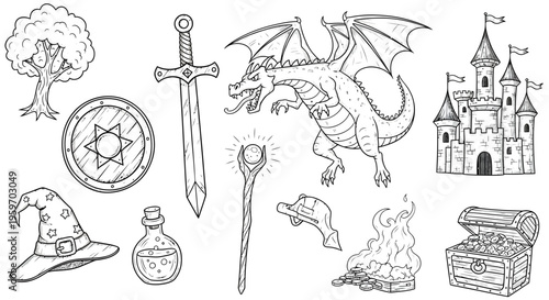 A dragon roars near a castle with a sword, spoon, and treasure chest nearby on fire.