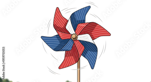 A colorful pinwheel with red, white, and blue stripes spinning in the wind.