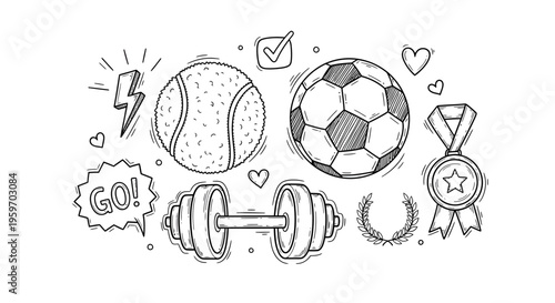 Sports icons with cricket ball, soccer ball, dumbbell, and medal in a celebratory scene