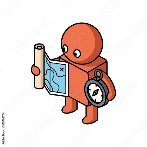 Isometric Explorer Character Navigating with Map and Compass.