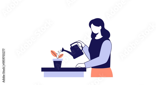 Woman Watering Small Potted Plant.