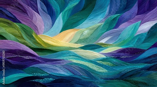 A vibrant abstract artwork with colorful textured waves and shapes