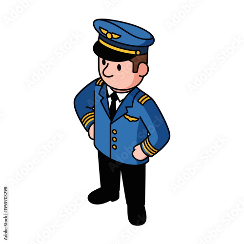 Cartoon Pilot in Uniform with Hands on Hips.