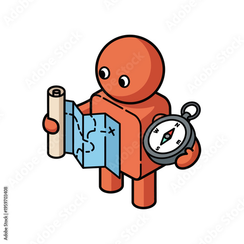 Isometric Character Navigating with Map and Compass, Adventure Concept.