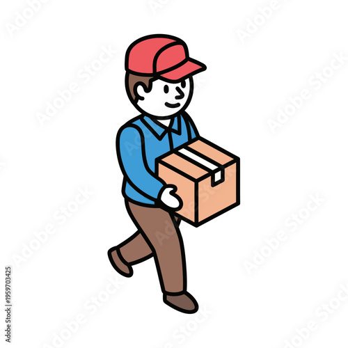 Delivery man carrying a package, cartoon style illustration.