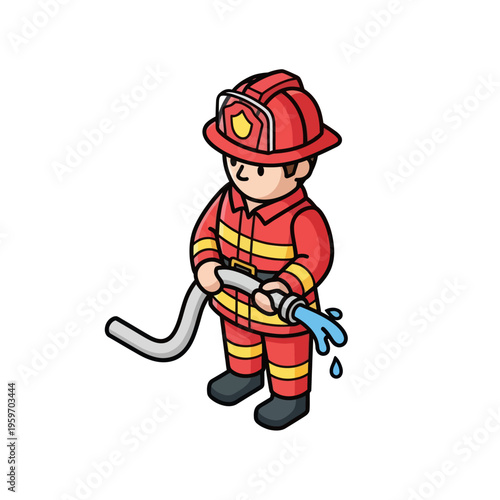 Cartoon Firefighter Holding Hose with Water Spraying Out.