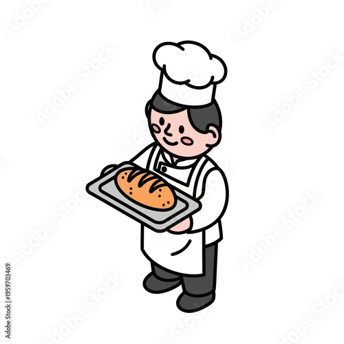 Cartoon Baker Proudly Presenting Freshly Baked Bread Loaf.