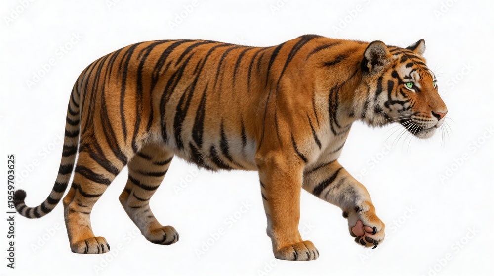Fototapeta premium a-bengal-tiger-in-midstride-against-a-pure-white-background-captured-in-a-powerful-sideprofi