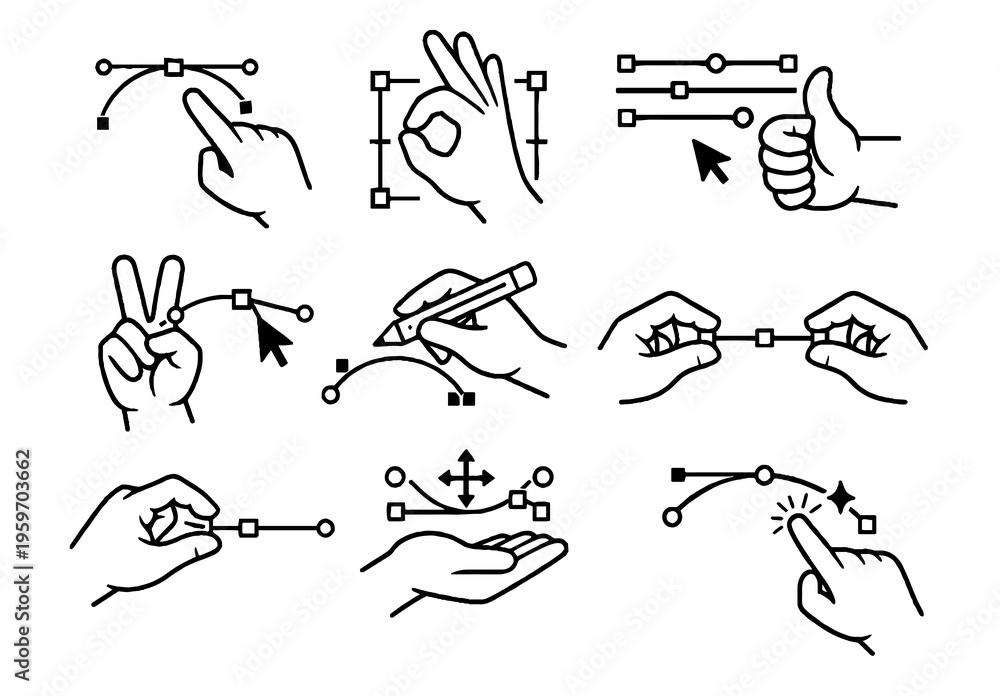 Fototapeta premium Hand Gesture Touchscreen Line Icons Set – Tap, Swipe, Pinch, Drag and Click Outline Icons