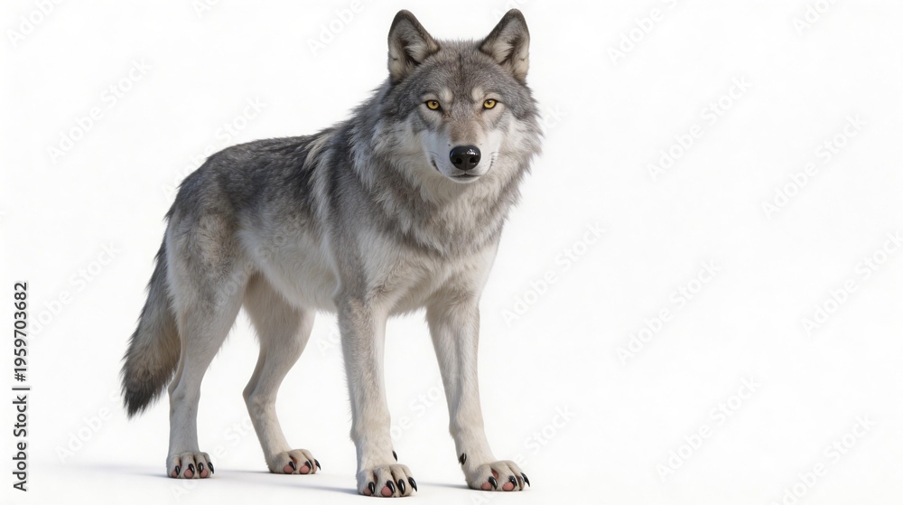 Obraz premium a-great-grey-wolf-standing-alert-on-all-fours-shot-from-a-slightly-low-angle-against-a-pure-.jpg,