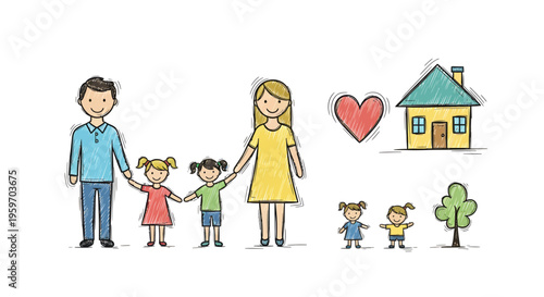 A family of six people holding hands with a house and heart nearby outside