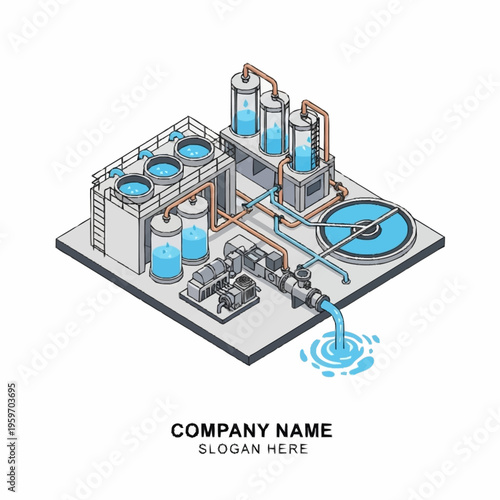 Isometric illustration of a modern water treatment plant with tanks, pipes, pumps, and a circular settling tank, symbolizing industrial water purification processes.