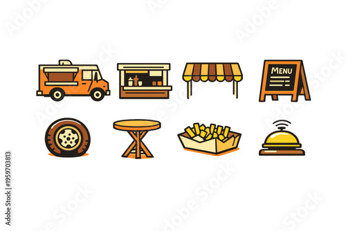 A Vibrant Illustration of Food Truck Culture Featuring Iconic Food Stalls, Menus, and Tasty Dishes in a Colorful Urban Setting