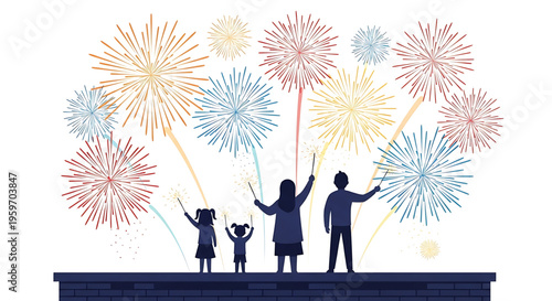 A family of four celebrating with colorful fireworks on a rooftop