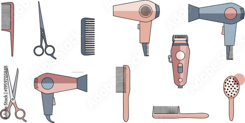 Hair salon tools icons set with scissors comb hairdryer clipper and styling equipment vector illustration collection