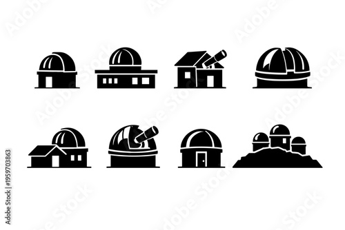 A Diverse Collection of Astronomical Observatory Designs Showcasing Different Structures and Telescope Configurations in a Black and White Artistic Style