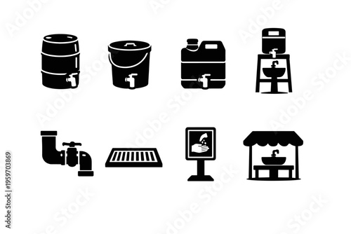 Illustration of Water Storage and Dispensing Solutions Featuring Various Containers, Taps, and Hygiene Signage for Clean Water Accessibility