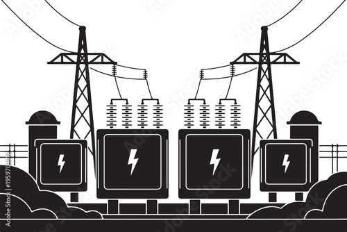 Industrial power substation with transformers and transmission towers, electrical infrastructure, energy transmission concept