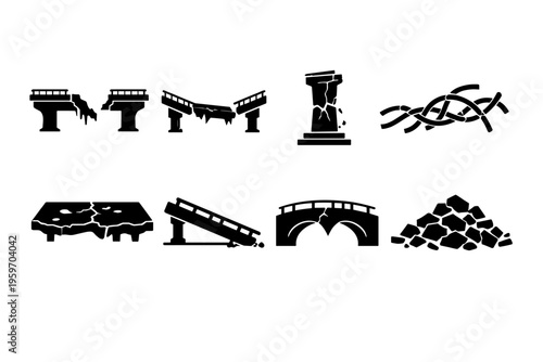 Illustration of Various Forms of Structural Damage, Highlighting Cracks, Broken Bridges, and Collapsed Columns in a Series of Iconic Designs