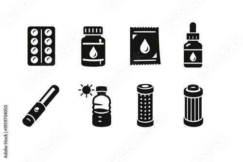 A Collection of Various Medical and Health Related Containers Including Pills, Drops, and Bottles Representing Wellness and Treatment Options