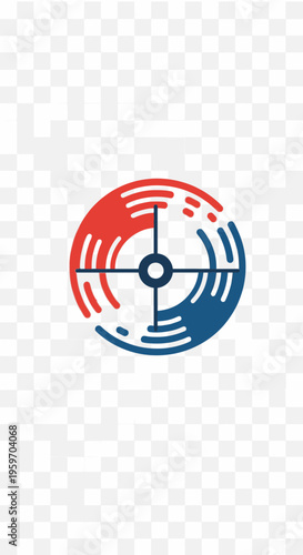 Circular logo with red and blue segments and crosshairs