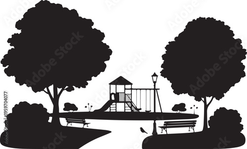 Park playground with swings and slide, surrounded by trees and benches, outdoor recreation area, family leisure concept
