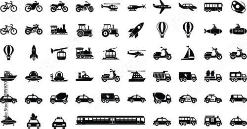 Transportation Vehicle Set Including Cars, Bikes, Boats, Planes, Helicopters, and More