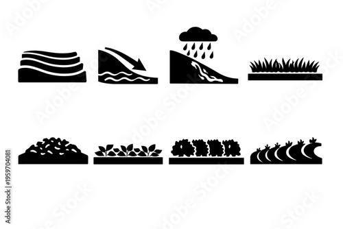 A Creative Set of Silhouette Icons Representing Various Natural Landscapes and Ecosystems, Reflecting Diverse Environmental Features and Elements