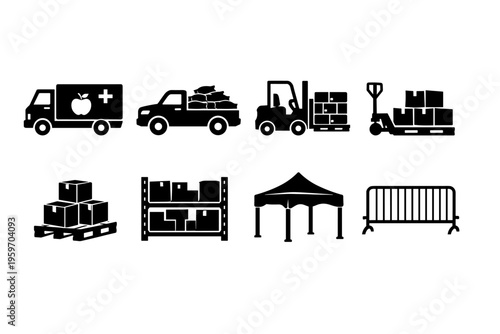 Illustration of Logistics and Supply Chain Elements Featuring Vehicles, Equipment, and Packaging for Efficient Distribution and Management