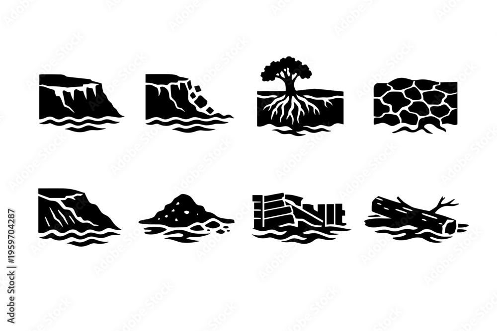 Fototapeta premium A Collection of Illustrative Black and White Graphics Representing Various Natural Landscapes and Elements of Earth, Water, and Vegetation
