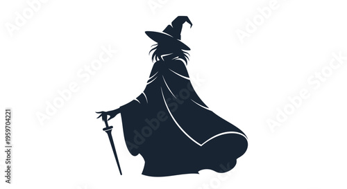 Silhouette of a witch with a hat and staff on white background.