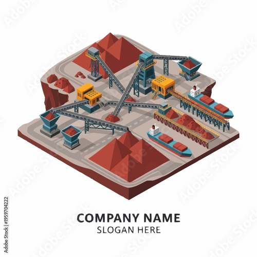 Isometric illustration of an industrial mining and shipping facility with conveyor belts, silos, and cargo ships.