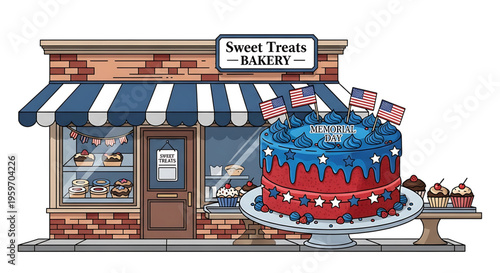 A colorful illustration of a bakery storefront with a patriotic cake display