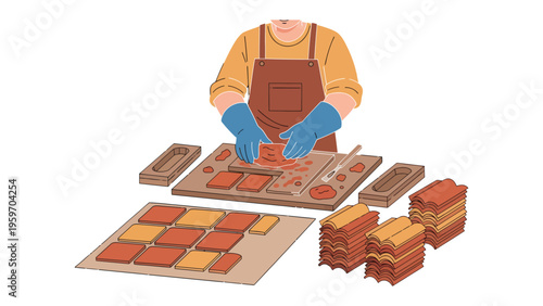 Artisan at Work: An artisan meticulously crafting individual tiles, demonstrating precision and dedication. His hands, adorned with gloves, expertly mold clay into elegant shapes.