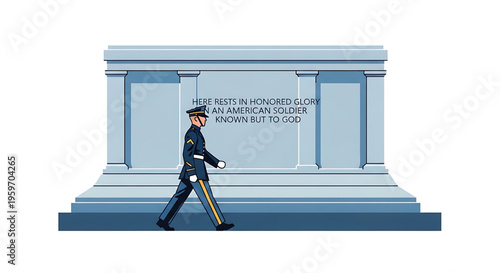 A solemn illustration of a military guard walking in front of the Tomb of the Unknown Soldier